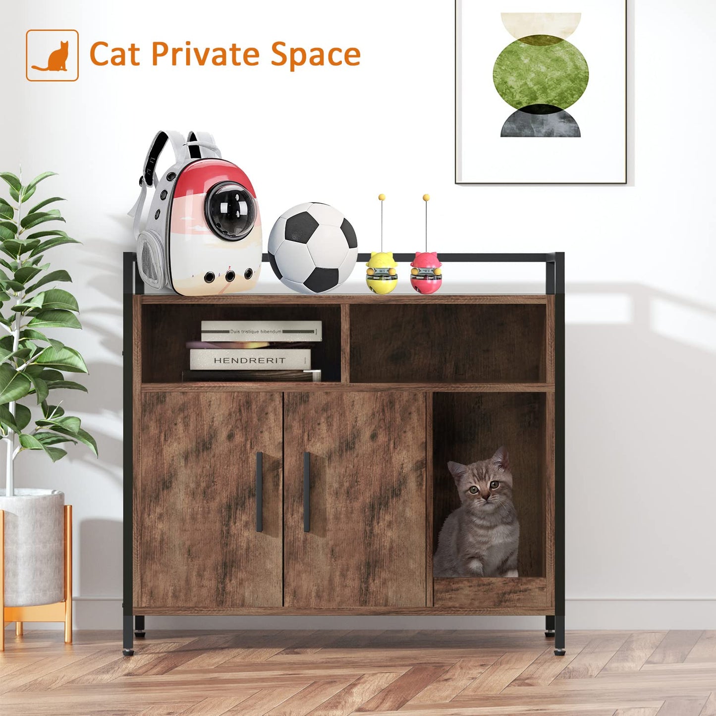 Bonzy Home Cat Litter Box Enclosure, Hidden Litter Box Furniture with Scratch Cat Washroom Storage with Storgae Shelf