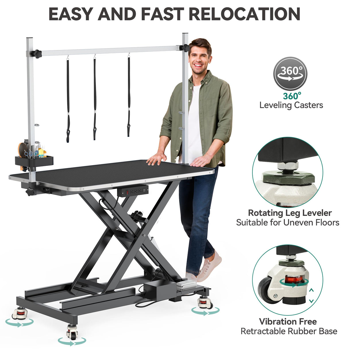 YITAHOME 49 Inch Professional Electric Dog Grooming Table, w/Leveling Wheels Grooming Table for Dogs at Home, w/Aluminum Large Dog Grooming Station, Anti Slip Tabletop & Tool Organizer Black YITAHOME