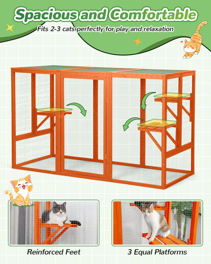 Catio Outdoor Cat Enclosure,71" L Outside Cat House Weatherproof, Wooden Catios for Cats Patio, Cat Houses with 3 Platforms (Orange-Red, Large)