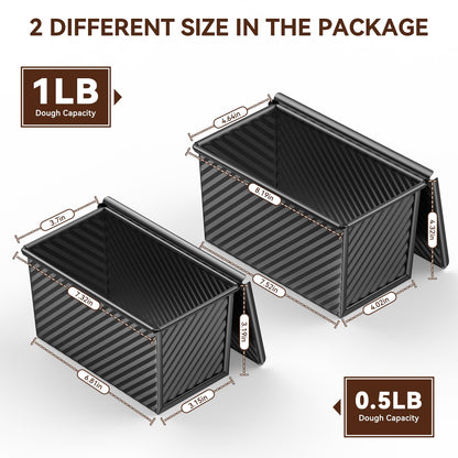 2 PCS Pullman Loaf Pan with Lid, 1Lb & 1/2 Lb Dough Capacity Bread Loaf Pans, Non-stick Coating, Carbon Steel Bread Mold, Bread Container, Toast Mold for Bakeware, Sandwich & Toast Oven Baking, Black