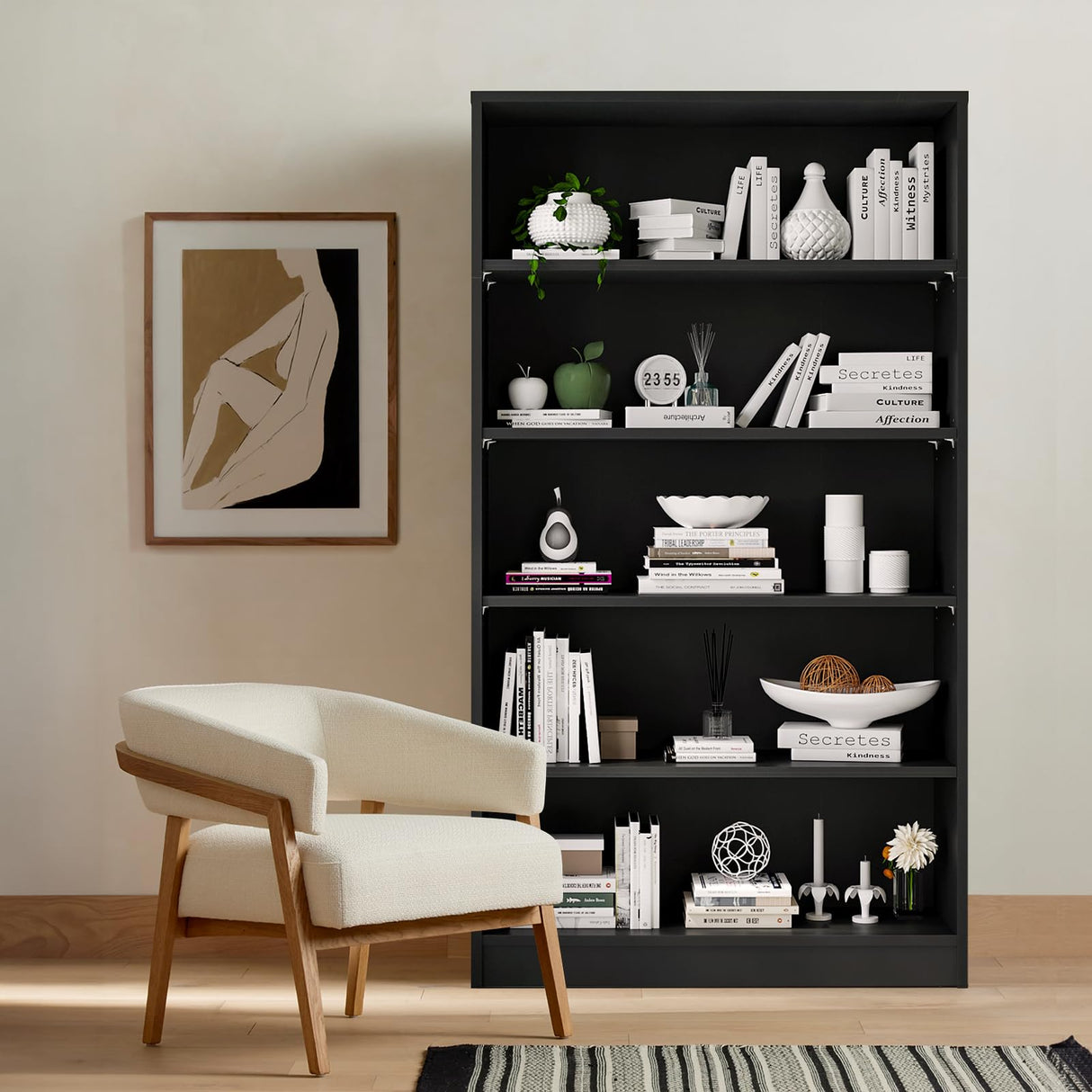 Soohow 5 Shelf Bookcase,60 Inch Wood Tall Bookshelves for Living Room,Black Soohow