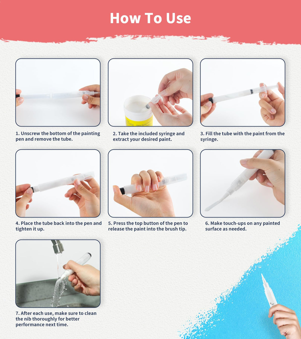 Fillable Touch Up Paint Pen Brush, 3 Pcs Paint Pen for Wall Touch Up, Refillable Paint Pens for Walls, Wood Floors, Cabinets, Windows, Doors (6 Pcs(Pack of 1)) YULOFMVE