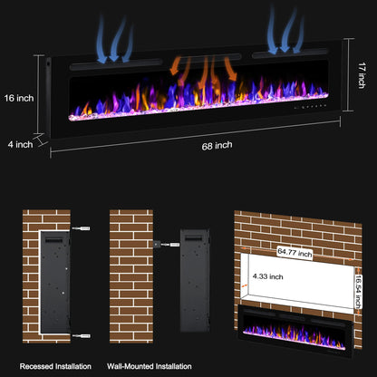 BETELNUT 68" Electric Fireplace Wall Mounted and Recessed with Remote Control, 750/1500W Ultra-Thin Wall Fireplace Heater W/Timer Adjustable Flame Color and Brightness, Log Set & Crystal Options