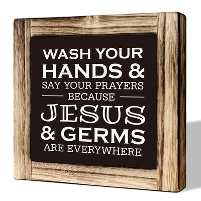 Christian Bathroom Sign - Wash Hands & Prayers, Rustic Wooden Tabletop Art, Farmhouse Washroom Decor