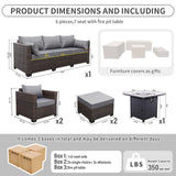 Valita 6 PCS Patio Furniture Set Outdoor Sectional Wicker Conversation Couch Brown Rattan Sofa Chairs with Ottoman 50,000BTU Adjustable Fire Pit Table and Grey Anti-Slip Cushions Valita