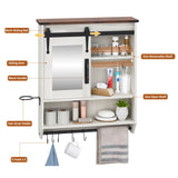 Bathroom Storage Cabinet with Mirror, Wood Farmhouse Medicine Cabinet with Adjustable Shelf, Hanging Bar S-Hooks Hair Dryer Holder, Wall Mounted Cabinet for Laundry Room Kitchen Living Room, White Cakhdry