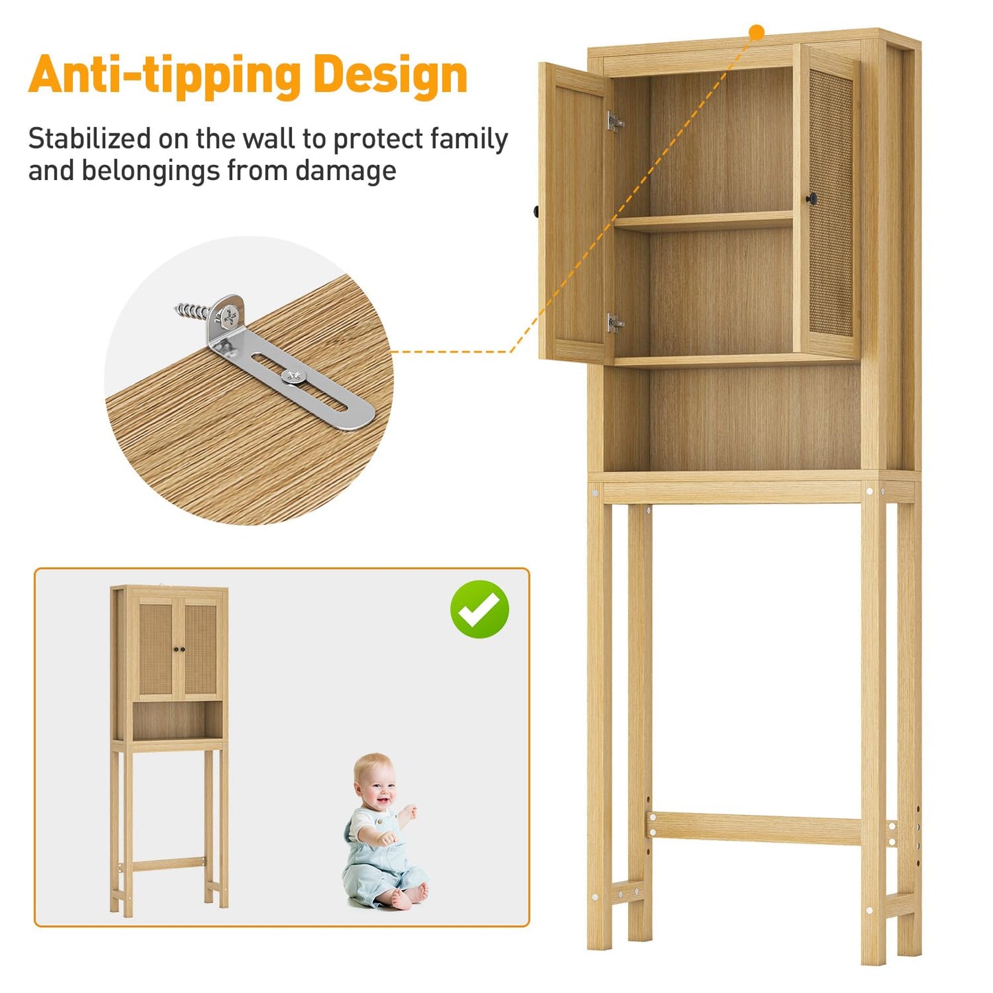 knoworld Rattan Over The Toilet Storage Cabinet, Above Toilet Bathroom Organizer with Adjustable Shelf, Behind Toilet Cabinet, Space Saver for Restroom, Bathroom, Laundry, Wood Rack, Natural