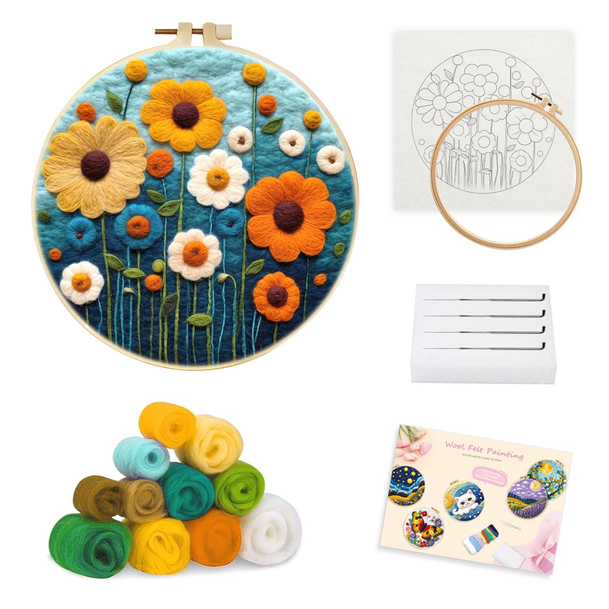 yesJRL Needle Felting Kits Beginners, Natural Landscape DIY Wool Needle Felting Starter Kit, Floral Needle Felt Set with Foam Pad, Felt Cloth and Instructions, Used for Home Decoration (Blue) yesJRL