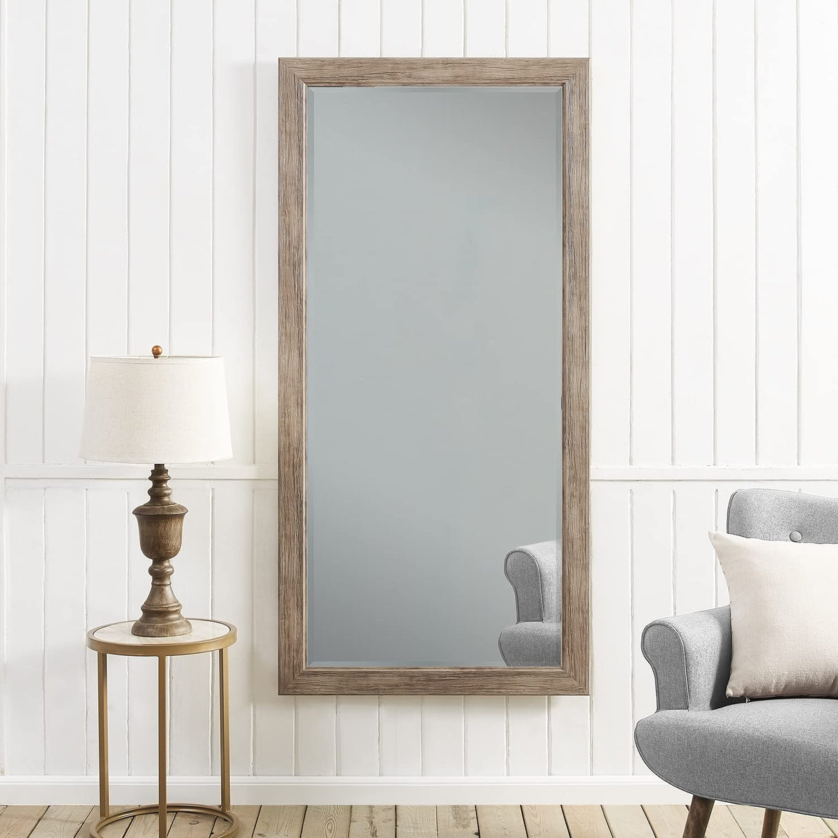 Naomi Home Farmhouse Full-Length Mirror with Wood Frame – Rustic 66"x32" Large Floor Mirror, Elegant Full Body Standing or Wall Mirror, Rustic Wood Mirror Full Length for Bedroom, Warm Grey Finish Naomi Home
