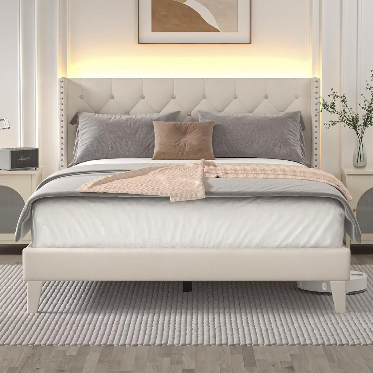DOGIBIXO King Size Upholstered Bed Frame with LED Lights and Wingback Headboard, No Box Spring Required, Beige DOGIBIXO