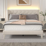 DOGIBIXO King Size Upholstered Bed Frame with LED Lights and Wingback Headboard, No Box Spring Required, Beige DOGIBIXO