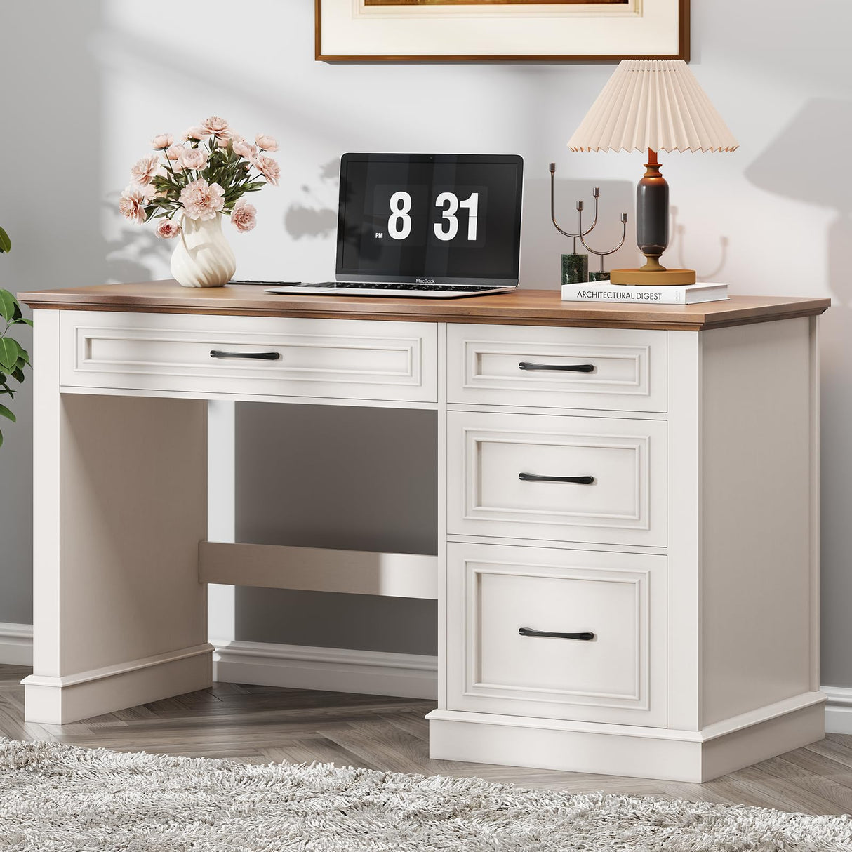 Halitaa Farmhouse 47" Executive Desk, Computer Desk with Drawers and File Drawer, Workstation Computer Desk with Charging Station for Home Office,Study,Unique White. Halitaa