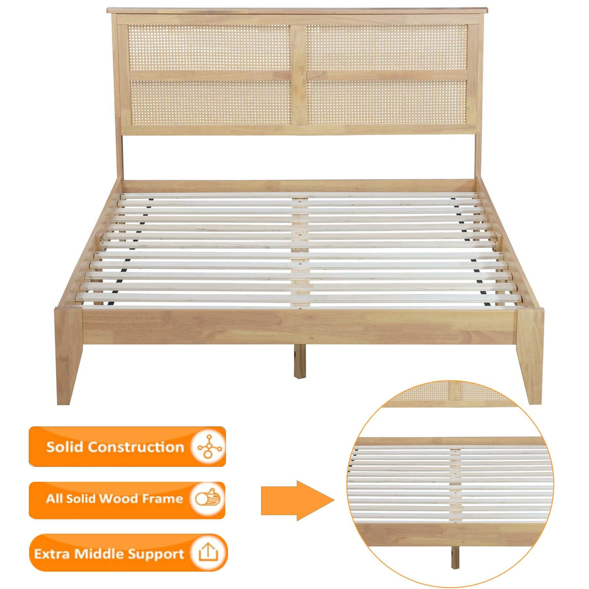 HRVEOCEI Boho Bed Frame Queen with Rattan Headboard, Rattan Bed Frame&Queen Beds Frames with Wood Legs, Solid Wood Beds Frames with Storadge Underneath,Easy Assembly (Oak White, Queens) HRVEOCEI