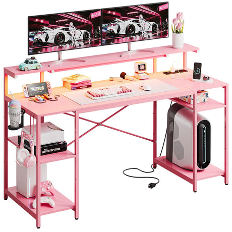 Bestier Computer Desk with Power Outlets & LED Lights, 55 inch Pink Gaming Desk with Monitor Stand & Adjustable Shelves, Home Office Desk with Cup Holder & Hook, Pink 3D Carbon Fiber Bestier