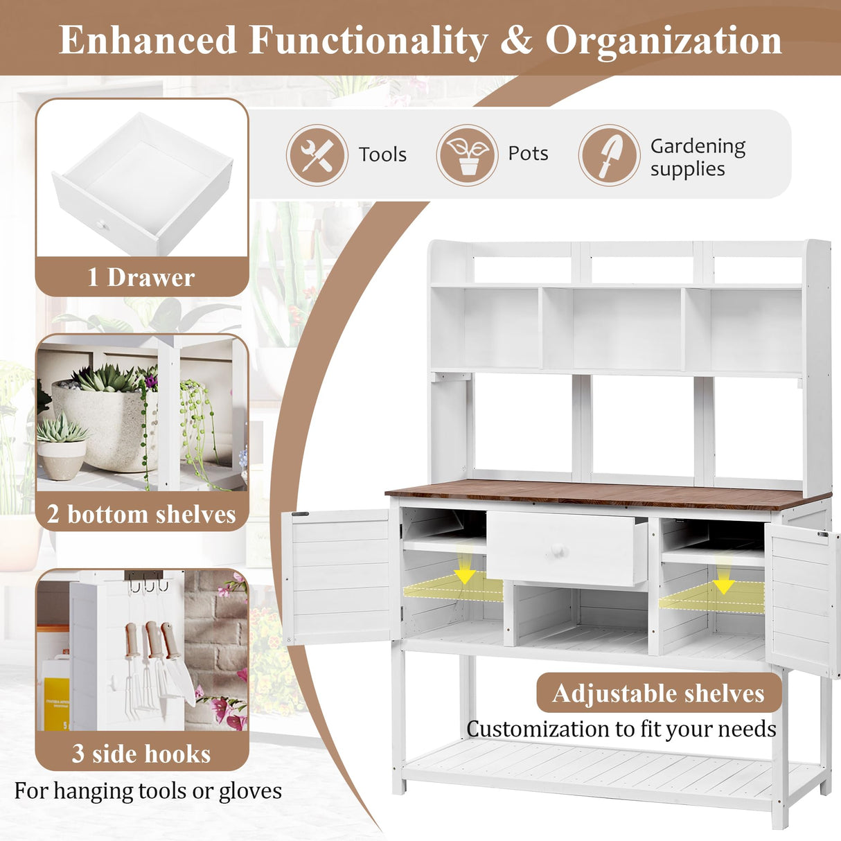 ENICFENA Outdoor Potting Bench, 100% Fir Wood Garden Work Table with Hutch, Drawer & Adjustable Shelves, Rustic Planting Station for Backyard, 50.2"x19.7"x66.1" (White, 66.1''H) ENICFENA