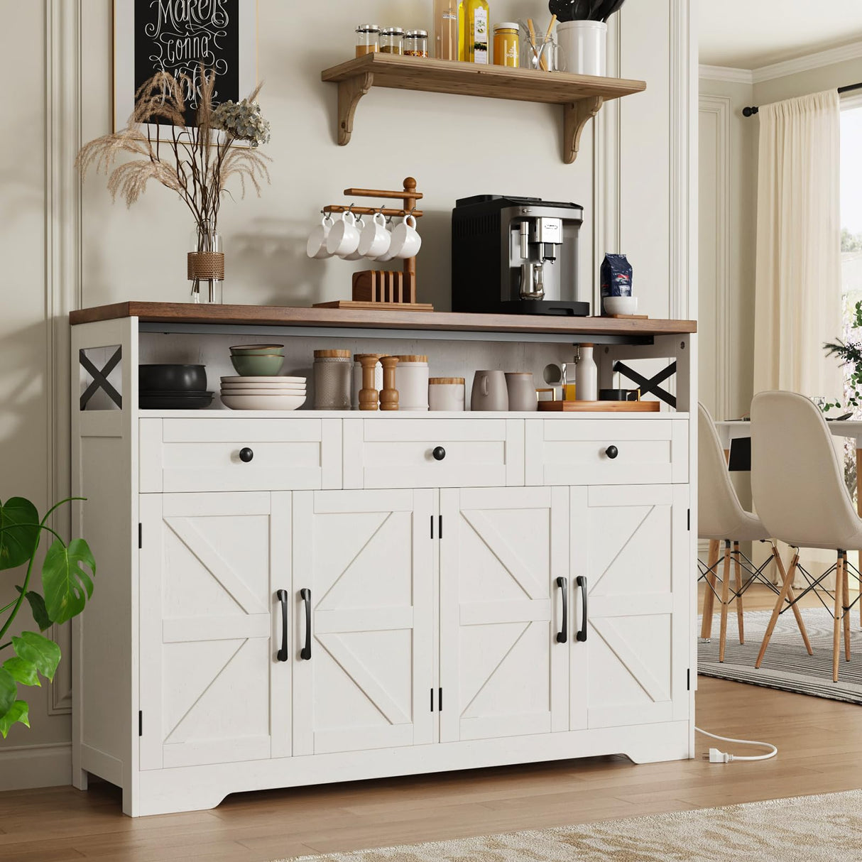 51" Farmhouse Buffet Sideboard Cabinet with Storage, White Kitchen Storage Pantry Cabinet with Drawers, Wood Cupboard Hutch Cabinet, Coffee Bar Station Table for Kitchen, Living Room, Dining Room FiveWillowise