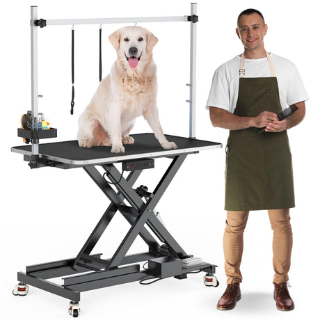 YITAHOME 49 Inch Professional Electric Dog Grooming Table, w/Leveling Wheels Grooming Table for Dogs at Home, w/Aluminum Large Dog Grooming Station, Anti Slip Tabletop & Tool Organizer Black YITAHOME