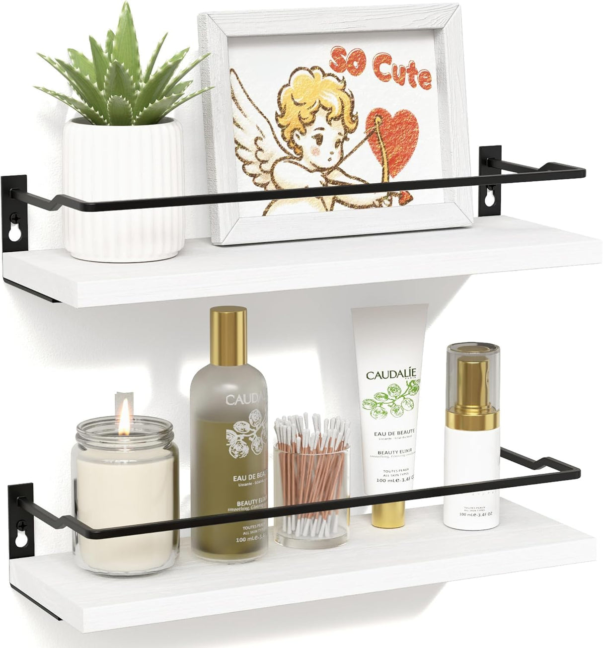 RICHER HOUSE White Bathroom Shelves, Small Floating Wall Mounted Shelf for Bathroom Decor, Guard-Rail Wood Shelving Organizer Over Toilet Kitchen Storage Shelves Set of 2 - White RICHER HOUSE
