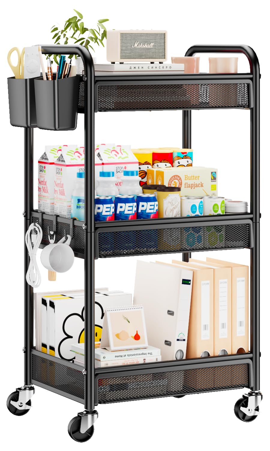 YASONIC 3 Tier Rolling Cart – Metal Utility Storage Cart with Wheels, Craft Cart Organizer with Hanging Cups, Hooks, Mesh Basket for Bedside Kitchen Office Art, Black YASONIC