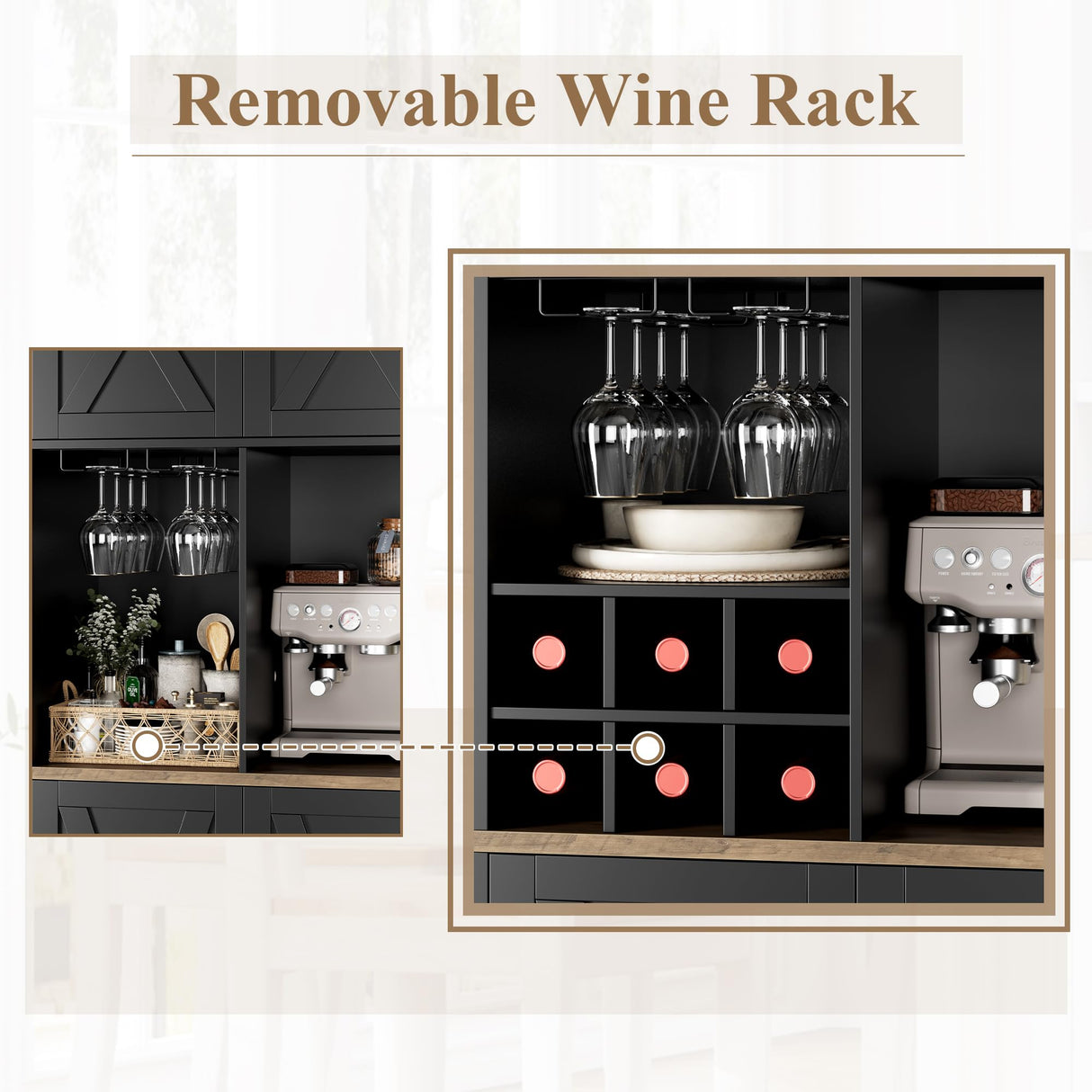 HOSTACK Kitchen Pantry Storage Cabinet, 71" Tall Food Pantry Cabinet with Microwave Stand, Farmhouse Kitchen Hutch Cabinet, Coffee Bar Hutch with Wine Rack for Dining Room, Living Room, Black HOSTACK