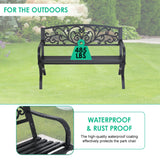 FDW Outdoor 50 Inches Garden Bench, Slatted Seat Armrests Floral Design Backres and Arch Legs, Perfect for Park, Yard, Porch, Lawn, Balcony, Backyard, Black FDW