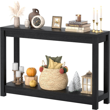 Besiost 47" Farmhouse Wood Entryway Table Narrow Console Table with Storage Behind Couch Sofa Table with Shelves Entry Way Table with Open Storage, Easy Assembly, Embossed Wood Grain Black Besiost