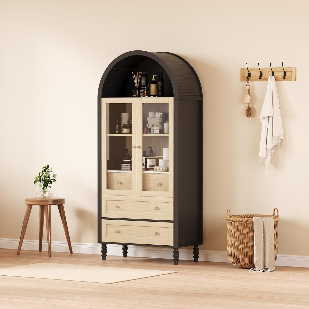 70 in Tall Arched Storage Display Cabinet, Kitchen Pantry Cabinet with LED Lights, Adjustable Shelf, 3 Drawers and Tempered Glass Doors, Boho Arch Bookshelf for Kitchen Dining Living Room- Black & Oak Garvee