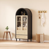 70 in Tall Arched Storage Display Cabinet, Kitchen Pantry Cabinet with LED Lights, Adjustable Shelf, 3 Drawers and Tempered Glass Doors, Boho Arch Bookshelf for Kitchen Dining Living Room- Black & Oak Garvee