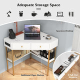 Tangkula White Corner Desk with 2 Drawers & Built-in Charging Station, 90 Degrees Triangle Corner Computer Desk for Small Space, Bedroom Makeup Vanity Desk with Storage Shelves, Corner Writing Desk Tangkula
