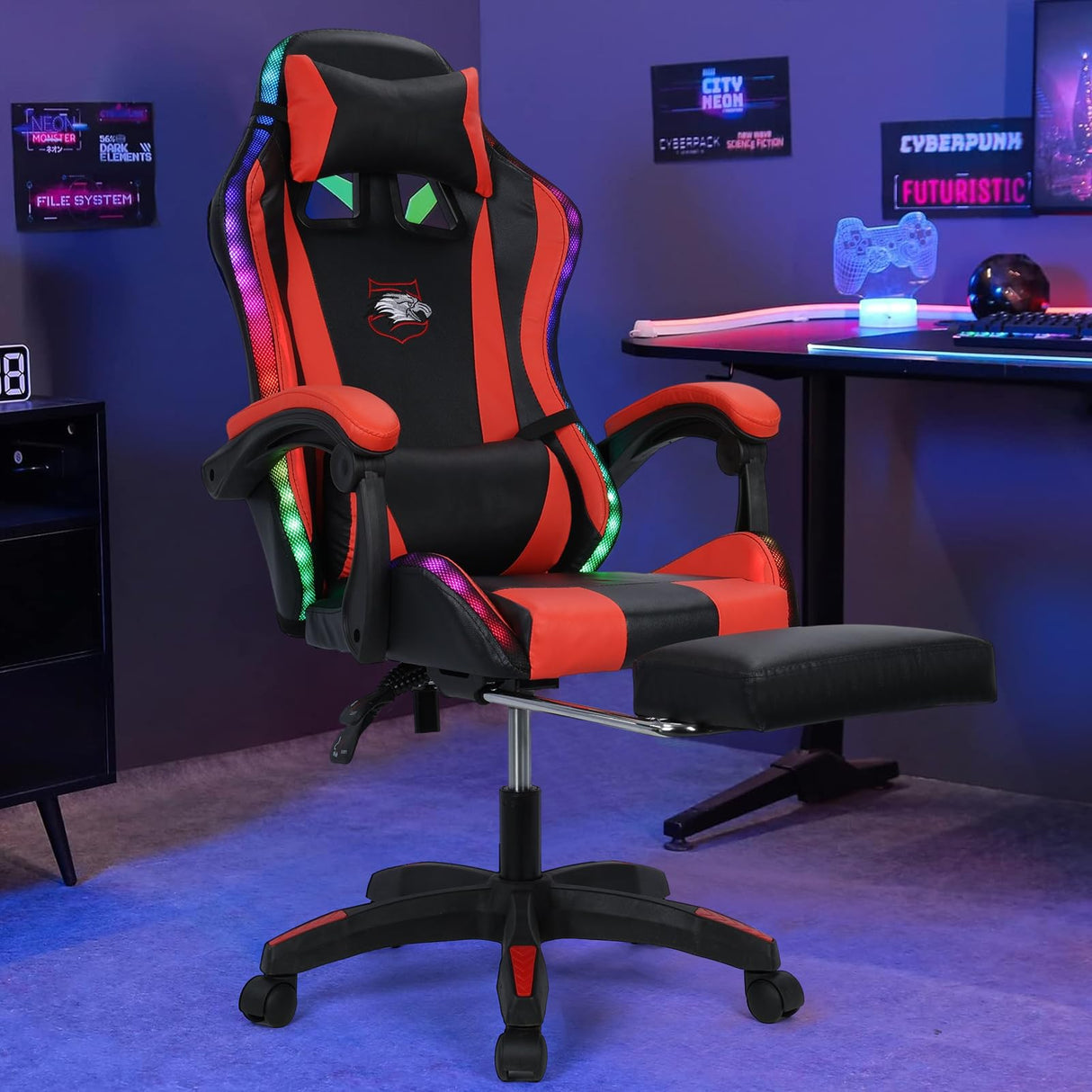 Gaming Chair,Computer Chair with Footrest and Lumbar Support,Height Adjustable Game Chair with 360° Swivel Seat and Headrest for Office&Gaming,Office Chair with Bluetooth Speakers&LED RGB Lights (Red) NEREIDS NET