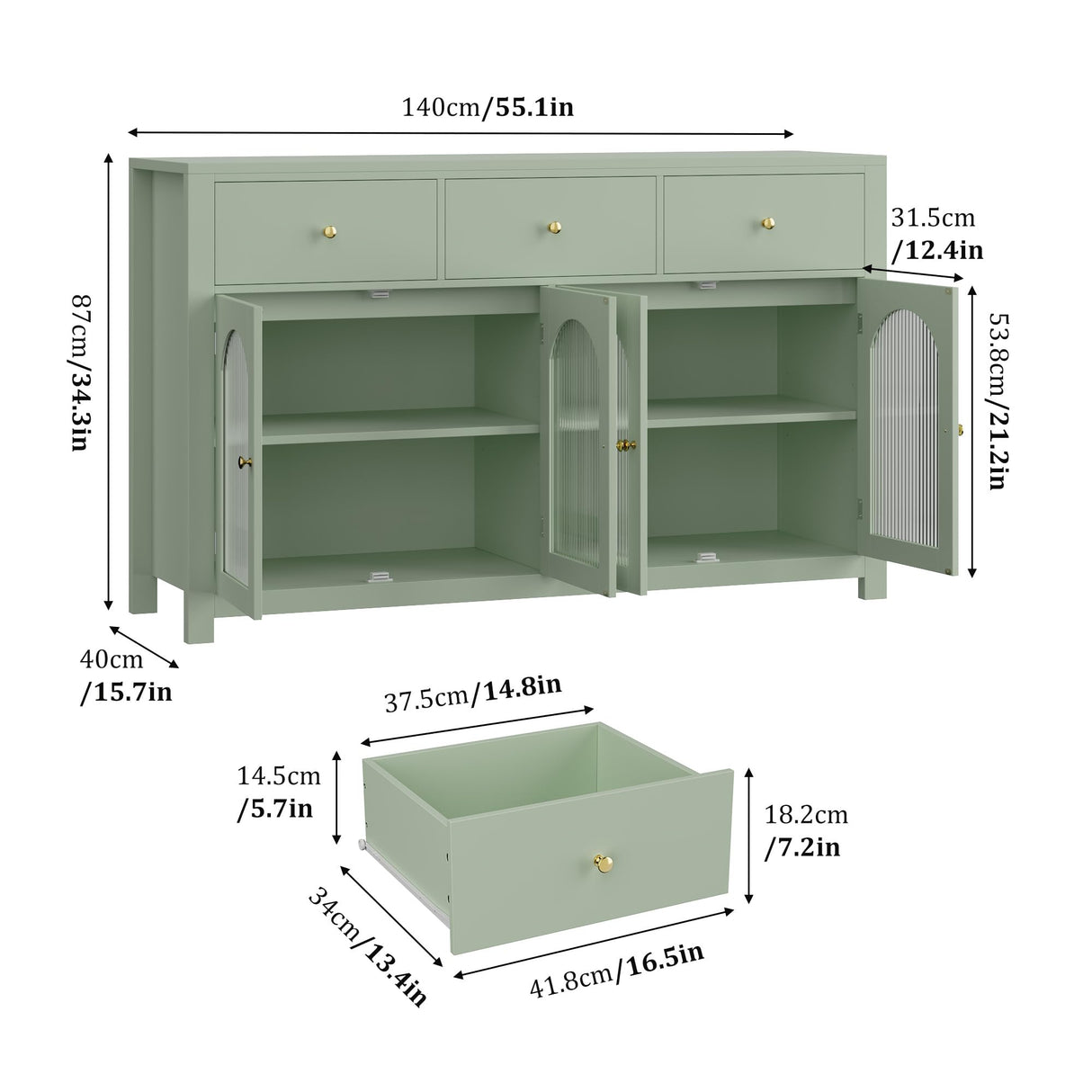 FINETONES Buffet Cabinet with Storage, 55.1" Large Sideboard Buffet, Farmhouse Kitchen Cabinet with 3 Drawers and 4 Doors, Wood Coffee Bar Table for Kitchen, Green FINETONES