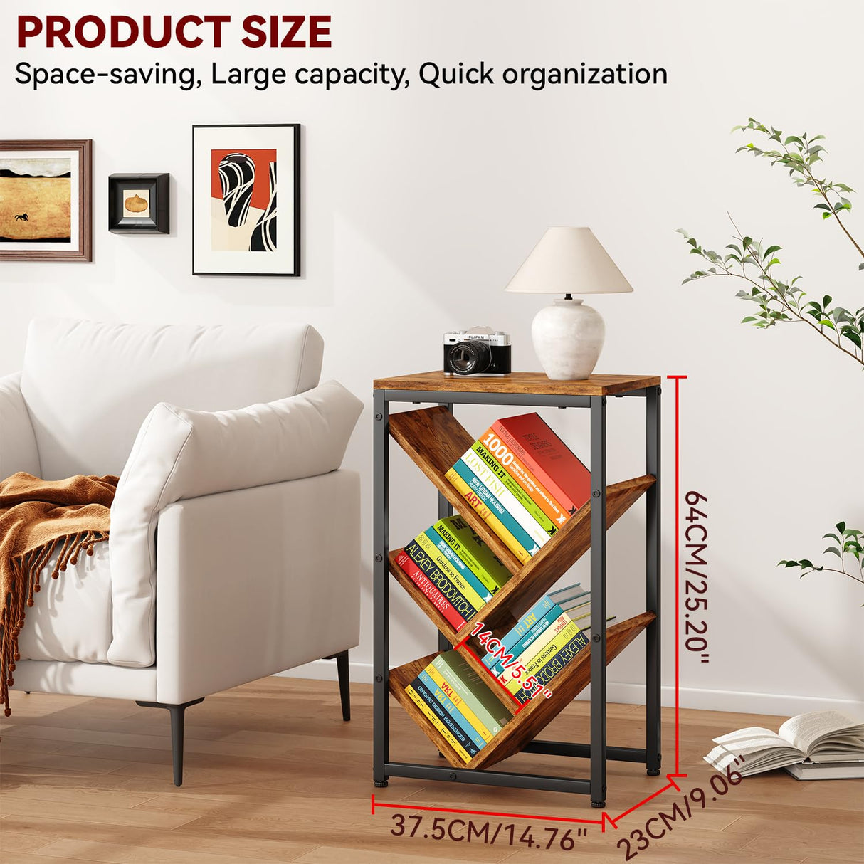 IBUYKE 5 Tier Tree Bookshelf, Small Desktop Bookshelf with Storage Organizer,for Books/CDs/Movies,Desk Display Bookcase for Bedroom Living Room,Rustic Brown,TBC003H