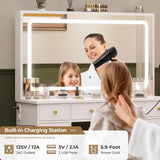 Hasuit Makeup Vanity Desk with Large Mirror and LED Lights, Vanity Table with Sliding Jewelry Cabinet and Power Outlets, Vanity with Storage Cabinets & Drawers, 3 Lighting Modes Brightness Adjustable Hasuit