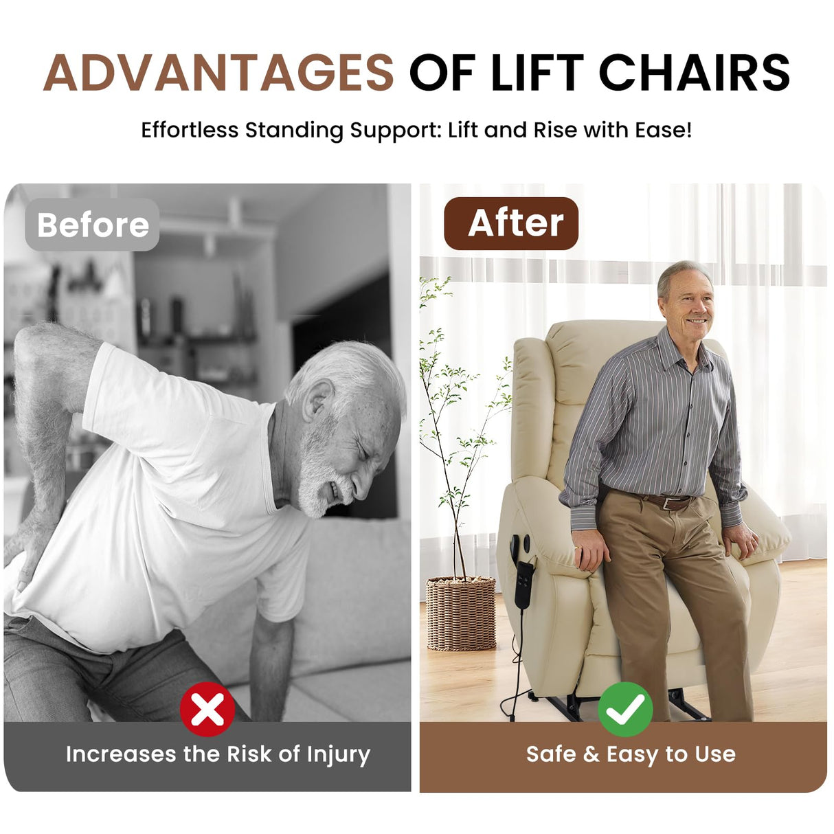 TEKAMON Power Lift Recliner Chair for Elderly with Heat & Massage, Dual Motor Breathable Leather Recliner, Lay Flat Sleeping Chairs with Infinite Position, RemoteControl(Beige, Extended) TEKAMON