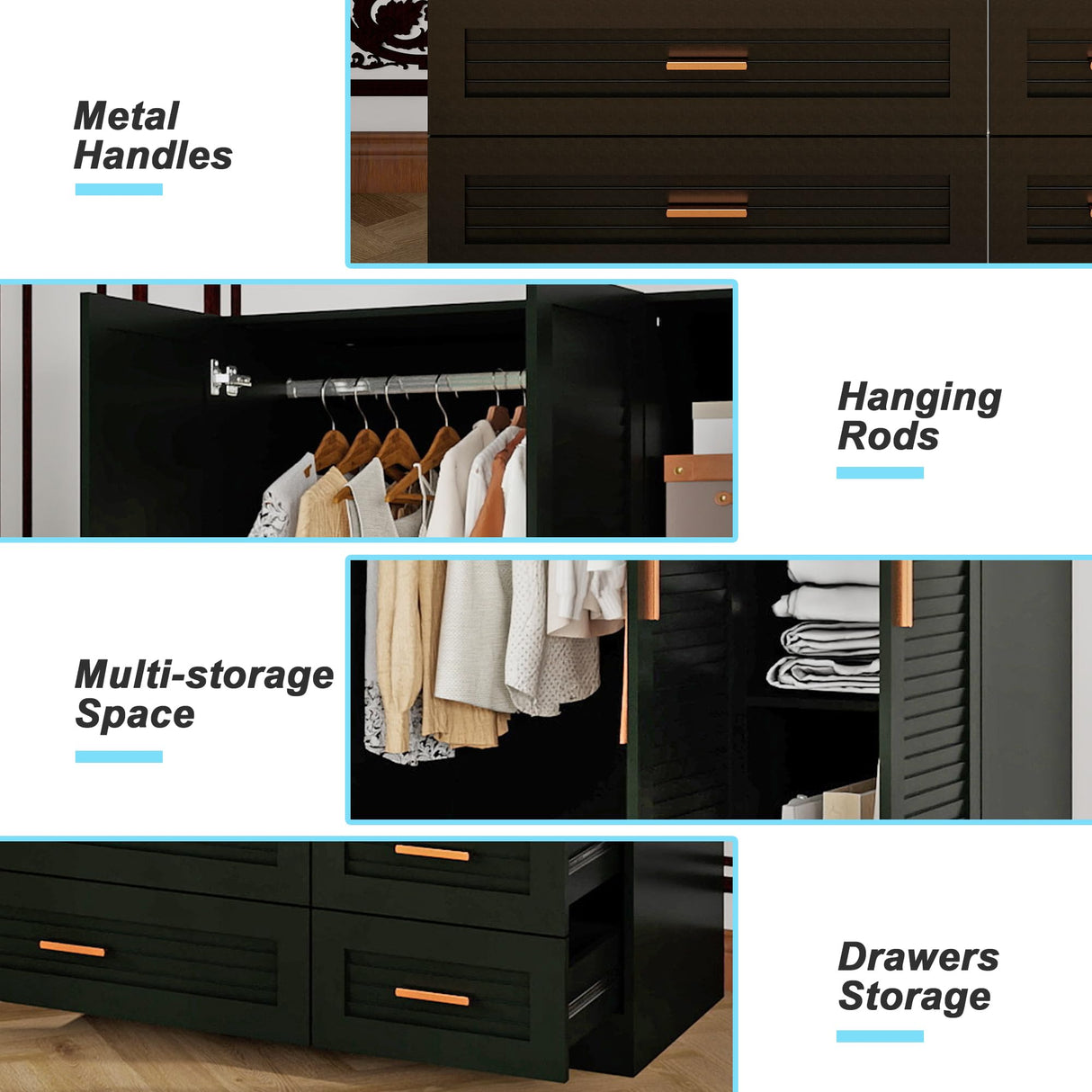 Keloyid Wood Armoire Wardrobe Closet Armoires Wardrobe Cabinet with 3 Door 4 Drawers Tall Wardrobe Closet Storage with Shelves and Hanging Rod for Bedroom Black 47.24''W x 19.69''D x 70.87''H Keloyid
