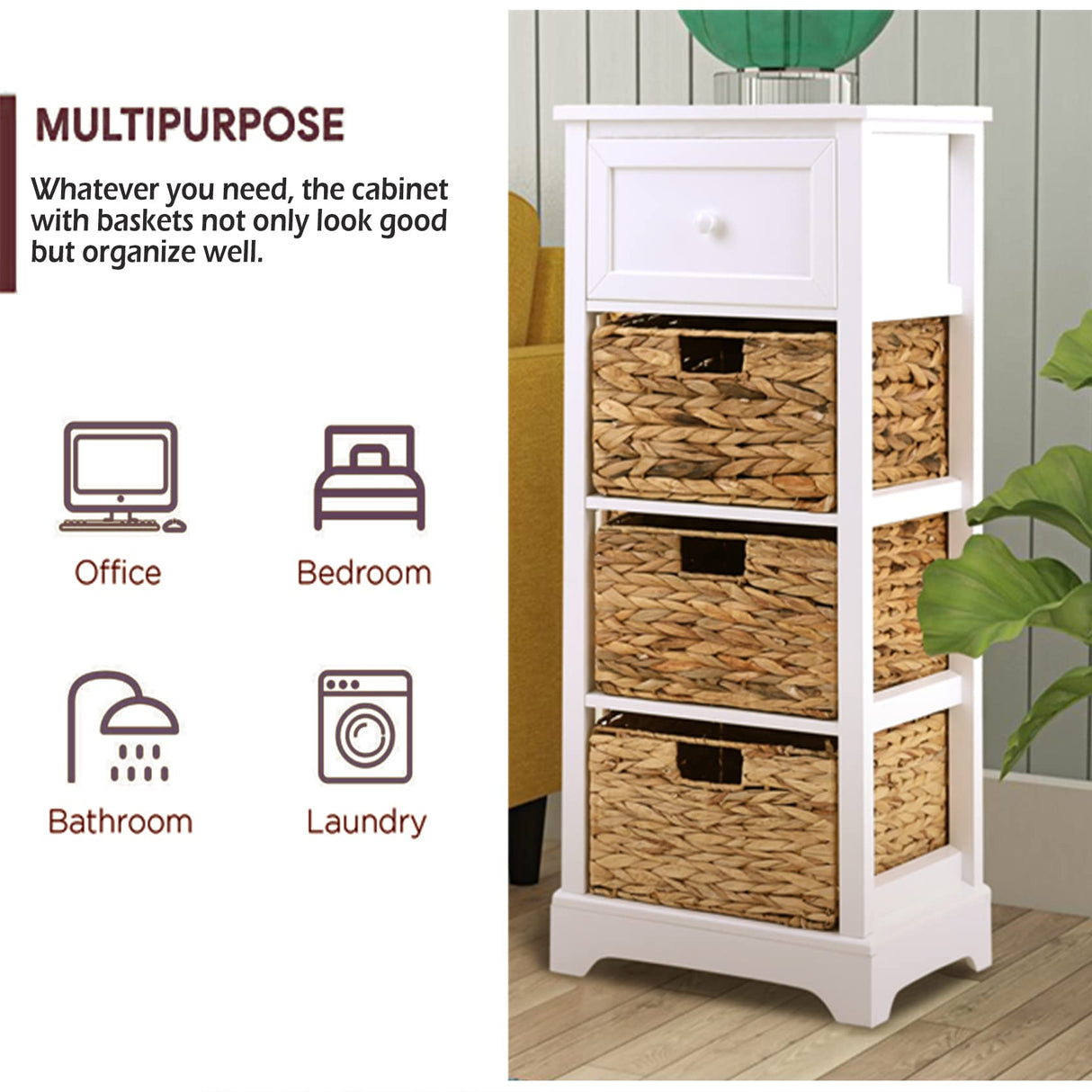 PHI VILLA Storage Cabinet with Baskets, Farmhouse Accent Cabinet Narrow Cabinet with Shelves for Bathroom Entryway Rattan Cabinet with Drawer End Table/Beside Table White PHI VILLA