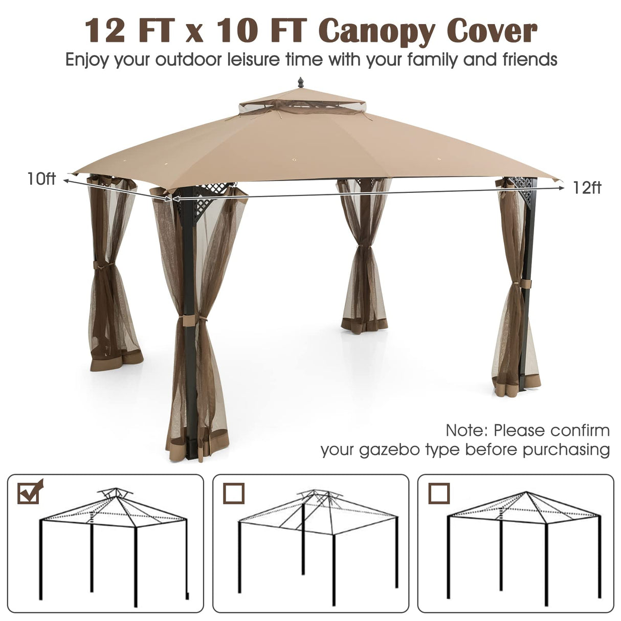 Tangkula 10x12 Ft Gazebo Replacement Canopy Top, Double Tier Canopy Replacement Roof with Air Vent and Drainage Holes, CPAI-84 Outdoor Canopy Top Cover for Garden, Backyard, Patio (Brown) Tangkula
