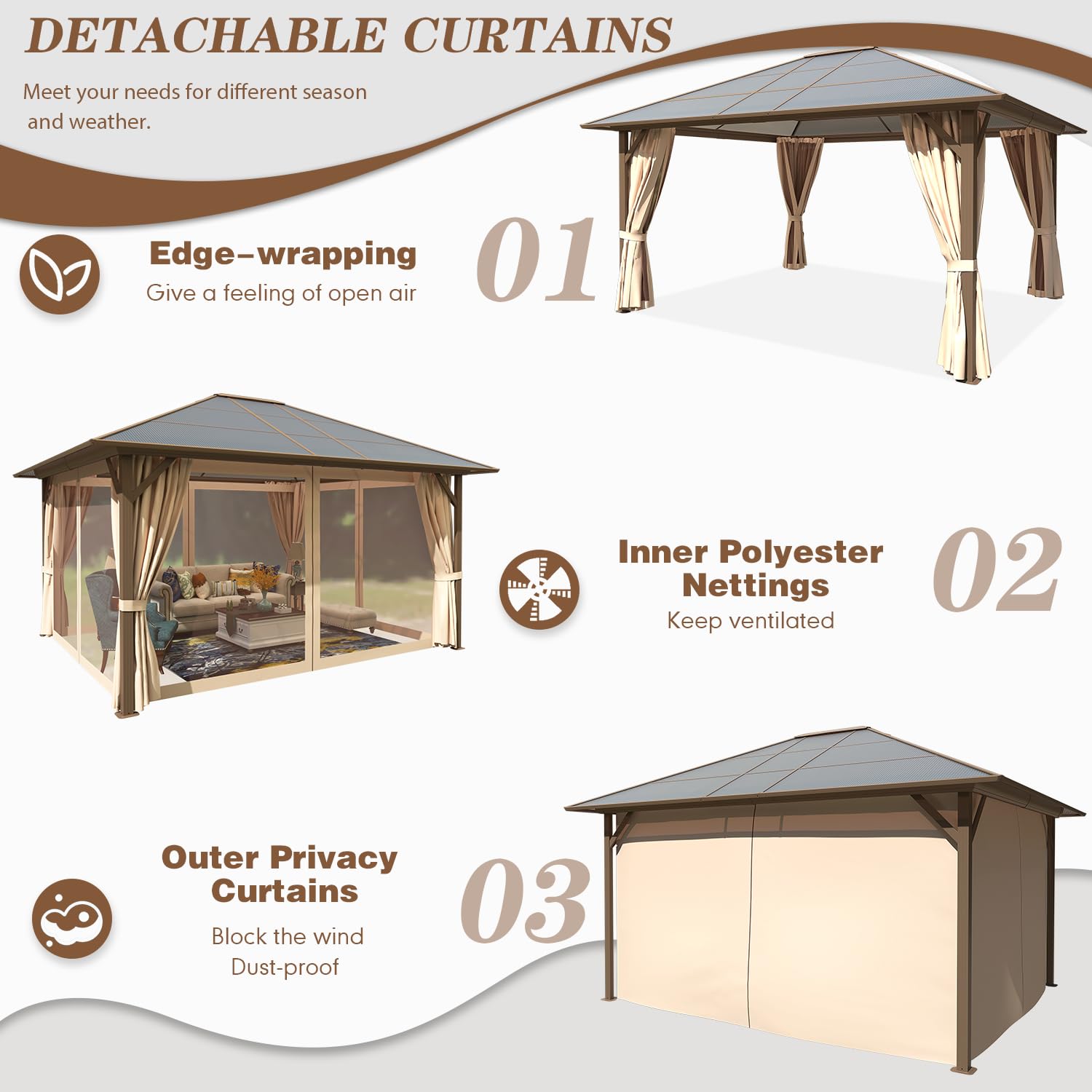 EROMMY 12' x 14' Gazebo Single Polycarbonate Roof Canopy Outdoor Aluminum Frame Permanent Pergolas with Netting and Curtains for Patio Backyard Garden Lawns Parties - WoodArtSupply