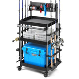 Savior Equipment Mobile Tackle Station Pro 16 Fishing Rod Holder Cart w/Wheels, Adjustable Rack For Different Rod & Reel, 3-Level Fishing Gear Storage Pole Organizer For Garage Home Indoor Use, Black Savior Equipment