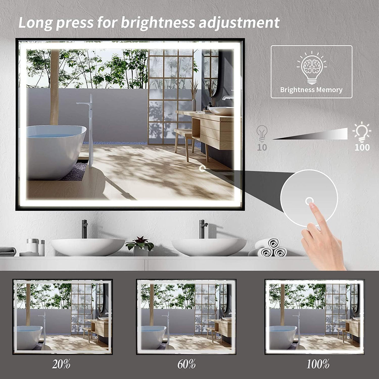SNUGACE 24"x 40" LED Bathroom Mirror with Black Frame, Stepless Dimmable, Anti-Fog, Shatter-Proof, Memory, 3 Colors, LED Vanity Mirror SNUGACE