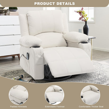 Massage Swivel Rocker Recliner with Lumbar Heat, Overstuffed PU Leather Recliners for Living Room, Modern Single Rocking Chair for Adults, Manual Rocker Recliner with Cup Holders for Bedroom, White Comermax