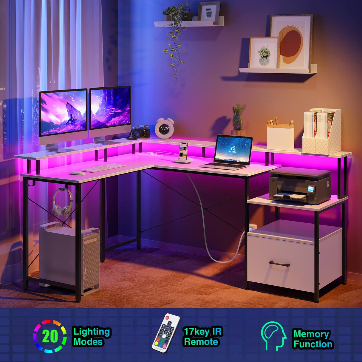 Rolanstar Computer Desk with File Drawer, 64" L Shaped Desk with Power Outlet & LED Strip, L Shaped Computer Corner Desk with File Cabinet, Gaming Desk with Monitor Shelf, Home Office Desk, White Rolanstar