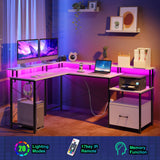 Rolanstar Computer Desk with File Drawer, 64" L Shaped Desk with Power Outlet & LED Strip, L Shaped Computer Corner Desk with File Cabinet, Gaming Desk with Monitor Shelf, Home Office Desk, White Rolanstar