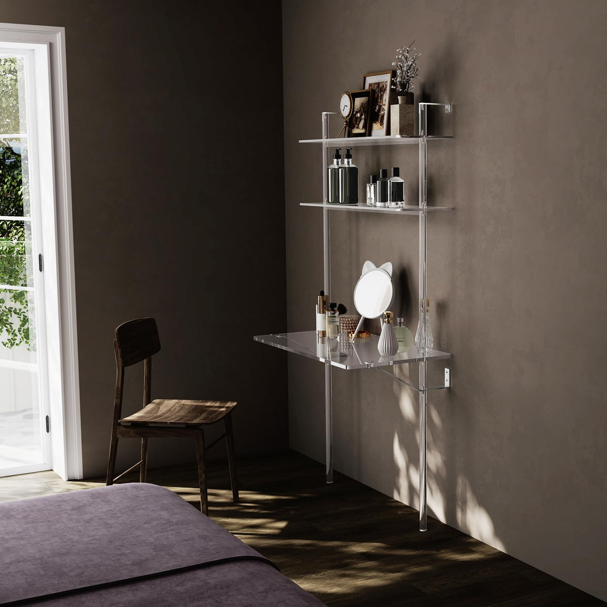 HMYHUM Acrylic Wall Mount Desk, Clear Ladder Desk with Open Shelves, Floating Desk for Laptop, Computer, Study, Writing, Vanity Table, Modern, 36" L x 19.7" W x 69.99" H HMYHUM