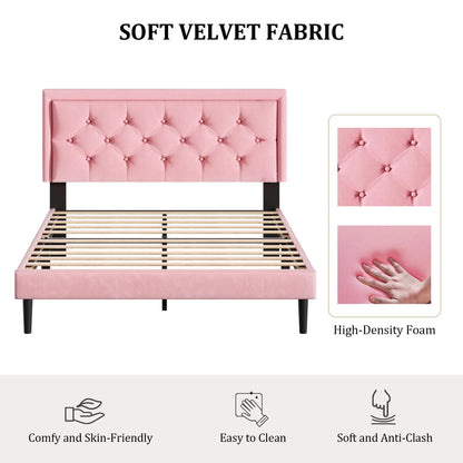 CXVX Queen Size Platform Bed Frame with Upholstered Velvet Button Tufted Headboard, Mattress Foundation with Wooden Slat Support, No Box Spring Needed, Easy Assembly, Noise Free, Pink