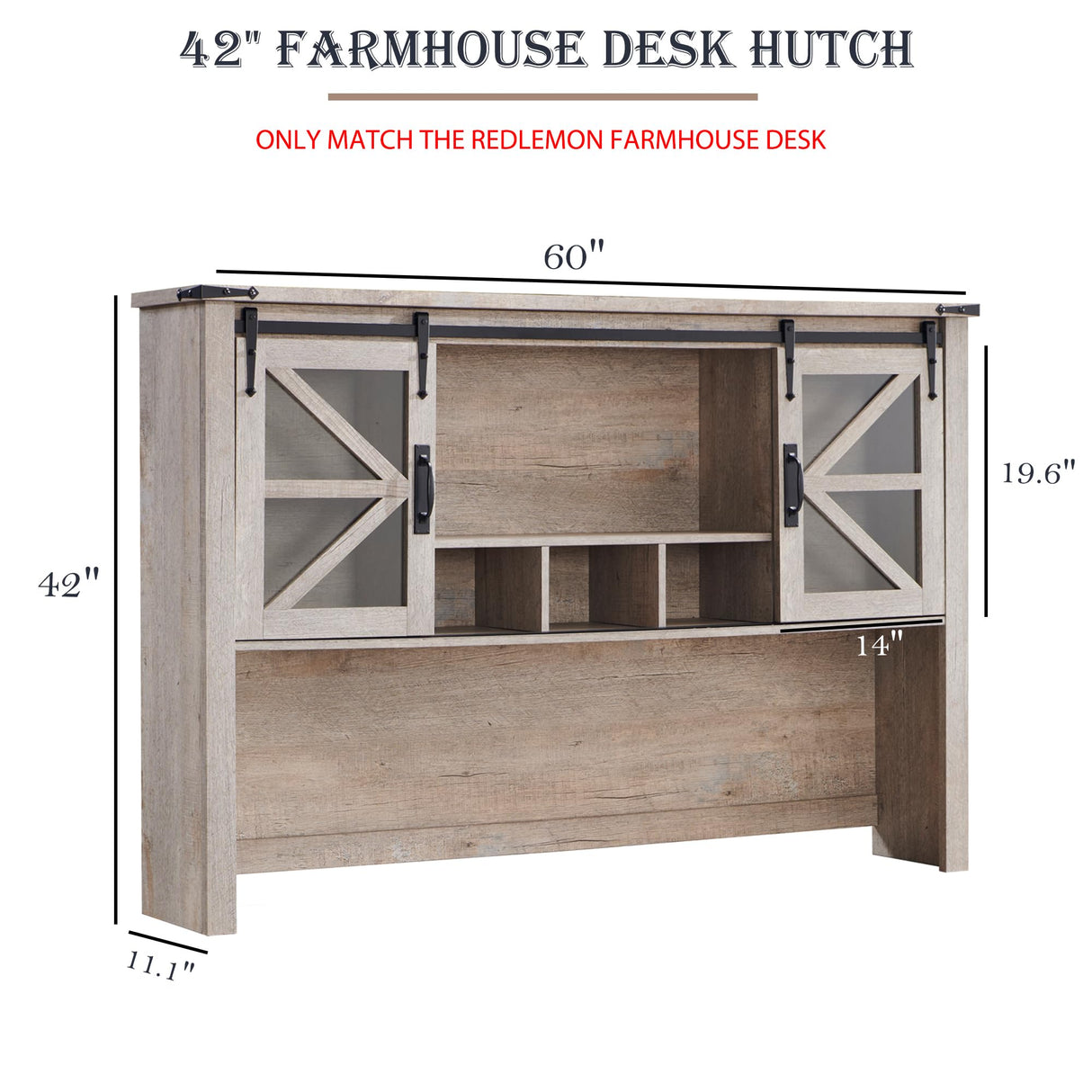 RedLemon 42" Farmhouse Desk Hutch with Sliding Barn Door and Ample Storage/Display Space, Only Match Farmhouse Desk (Light Rustic Oak) RedLemon