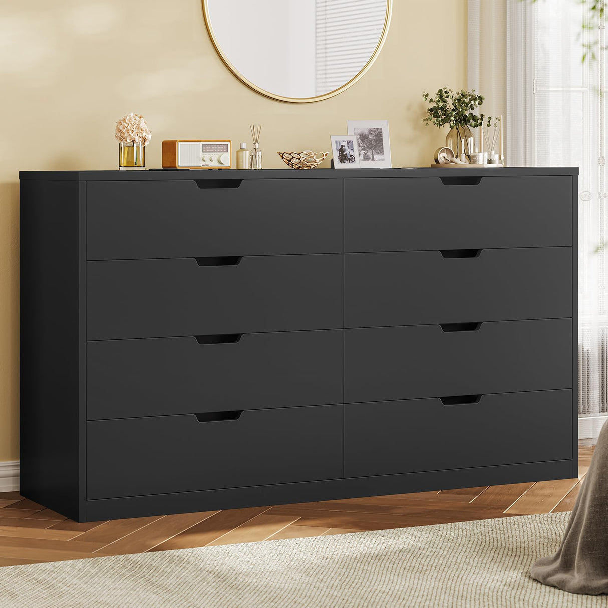 BTHFST 8 Drawers Black Dresser for Bedroom, Modern Wood Chest of Drawers 8 Drawer Dresser with Large Capacity for Living Room, Closet, Hallway, Entryway BTHFST
