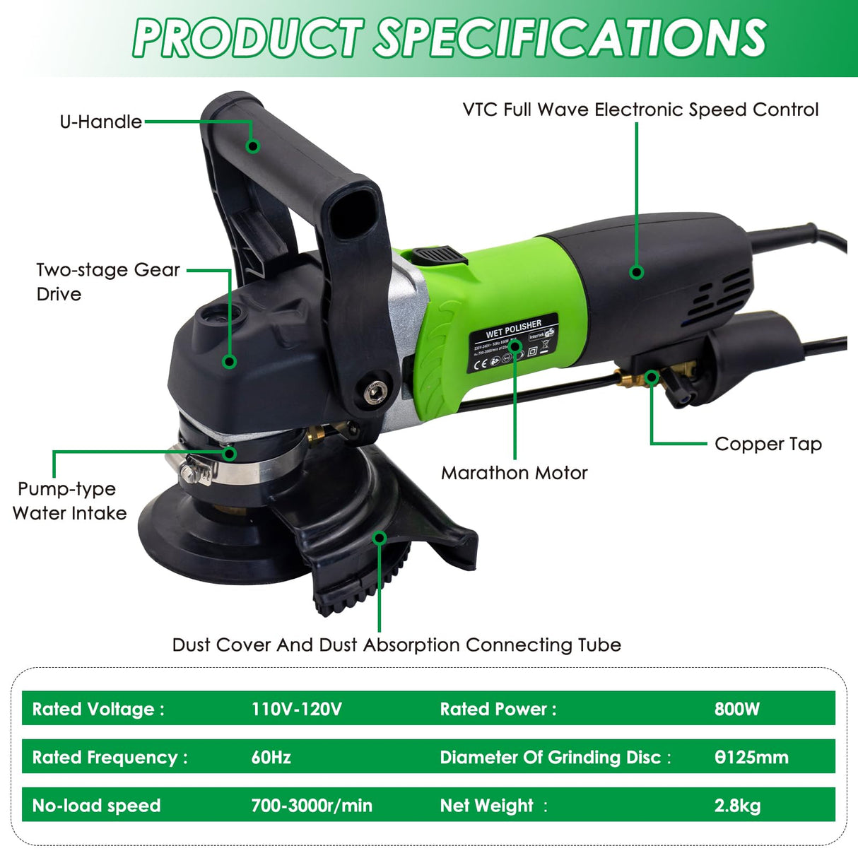 SDRTOP 800W Electric Wet Stone Polisher 4'' Variable Speed Grinder Buffing Machine, Countertop Concrete Polisher with 7PCS Diamond Polishing Pads for Granite, Tile, Cement Floor SDRTOP