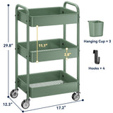 YASONIC 3-Tier Rolling Cart, Green, 66 Pounds Capacity, Mesh Storage Organizer with Lockable Wheels, 3 Hanging Cups, 4 Hooks, Easy Assembly, for Kitchen, Bathroom, Laundry, Grocery YASONIC