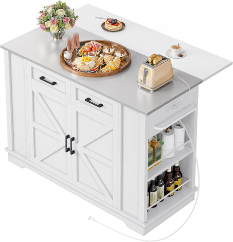 DWVO Kitchen Island w Stainless Steel Top Drop Leaf Bar Seating Power Outlet, 47" Portable Rolling Mobile Center Islands w Folding Dropleaf Storage Drawer Cabinet Wheel Counter Height Metal Top, White DWVO